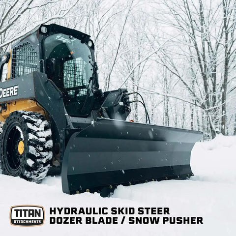 Skid steer with Beast 79 Inch Hydraulic Dozer Blade For Skid Steer With SSQA Quick Attach Snow Blade in snowy landscape