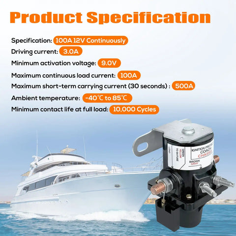 Battery Disconnect Relay 12V 100A Magnetic Latching With Fuses for RV and Marine Use next to yacht, product specifications listed