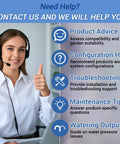 Customer support for 65 Foot Drip Irrigation Kit With Quick Connect Micro Mist No Fuss Watering System, contact options shown.