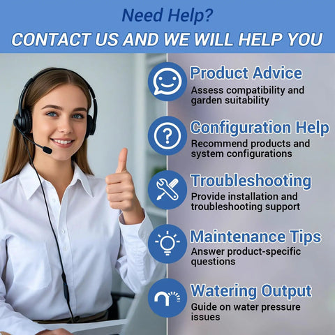 Customer support for 65 Foot Drip Irrigation Kit With Quick Connect Micro Mist No Fuss Watering System, contact options shown.
