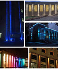 Long‑Throw LED Floodlight, Outdoor Wall Spotlight(Green 5w) illuminating building facades in various colors at night.