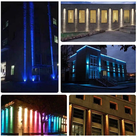 Long‑Throw LED Floodlight, Outdoor Wall Spotlight(Green 5w) illuminating building facades in various colors at night.