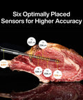 Wireless WiFi Meat Thermometer With Dual Probes Six Sensors showing temperature on steak for accurate cooking