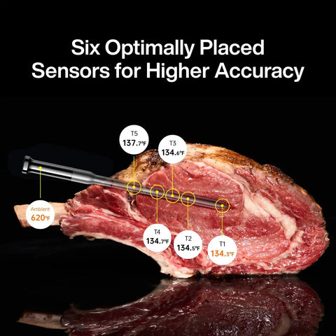 Wireless WiFi Meat Thermometer With Dual Probes Six Sensors showing temperature on steak for accurate cooking