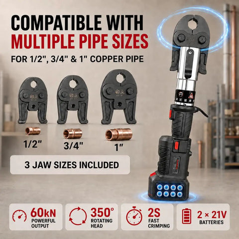 21V Brushless Electric Pipe Press Tool For Copper Pipes with interchangeable jaws for 1/2", 3/4", and 1" sizes.
