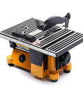 Compact Desktop Table Saw With Diamond And Manganese Blades For Slick Wood Or Metal Cuts Up To Half Inch Deep Benchtop Rig with a sleek design and sturdy base.