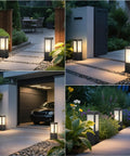 Rock Solid 15.75 Inch Outdoor Bollard Path Lights With Knockout Aluminum Frame And Frosted Glass Shade illuminating a landscaped walkway.