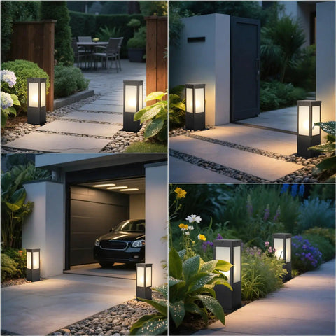 Rock Solid 15.75 Inch Outdoor Bollard Path Lights With Knockout Aluminum Frame And Frosted Glass Shade illuminating a landscaped walkway.