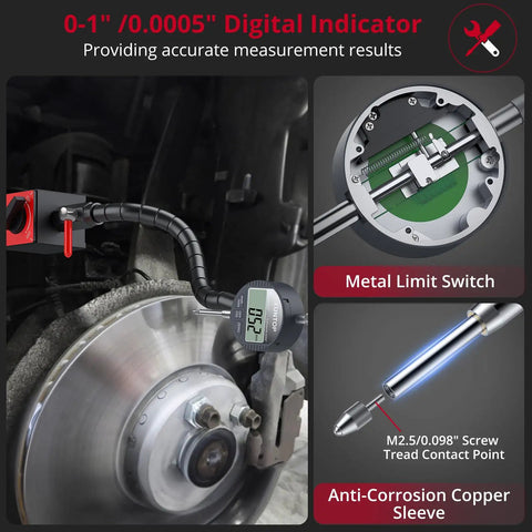 Boss Level Digital Dial Indicator With Magnetic Base, 0 To 1 Inch Range, 0.0005 Inch Resolution, in use on a brake disc