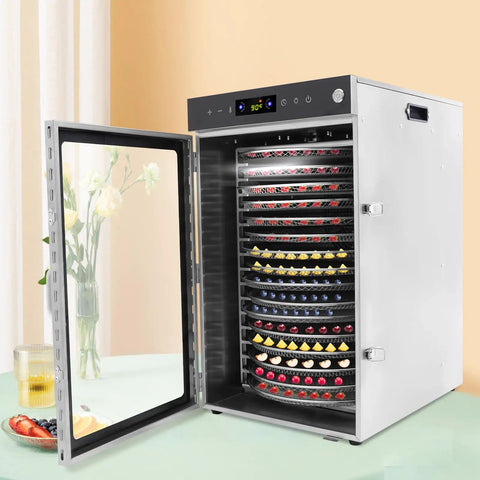 Heavy Duty Commercial Food Dehydrator With 16 Stainless Steel Trays, real deal electric fruit dryer and beef jerky maker with open door.