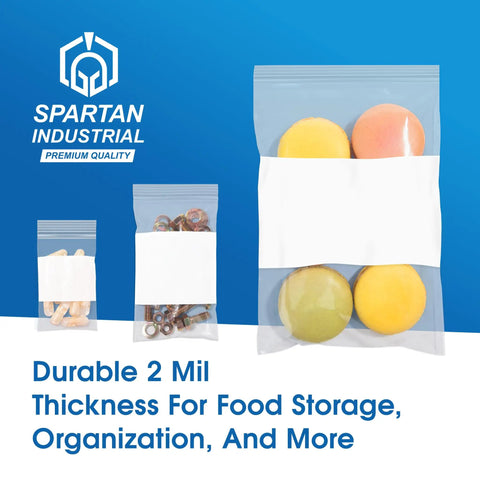 Top Shelf Nine By Twelve Inch Clear Plastic Ziplock Bags Quick Snap Zip Seal And Writable White Label Blocks Five Hundred Count heavy duty resealable bags in three sizes for organization.