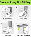 Illustration showing 6 Inch Magnetic Hooks with Open Design Holds Up To 45 Lbs On Steel Surfaces Easy Release Patented Non Slip Grip steps.