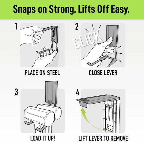 Illustration showing 6 Inch Magnetic Hooks with Open Design Holds Up To 45 Lbs On Steel Surfaces Easy Release Patented Non Slip Grip steps.