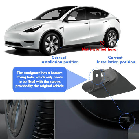 Tesla Model Y Mud Flaps 4Pcs Set No Drill Tire Splash Guards for 2020-2024, installation guide shows correct positions and fit