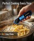 Hand using 0.5 Second Instant Read Digital Meat Thermometer With 0.5 Degree Fahrenheit Precision measuring fries in oil.