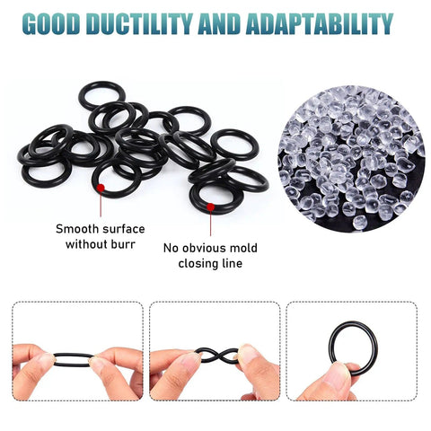 225 Piece Garage Ready Rubber O Ring Kit With 18 Sizes Heat Resistant And Corrosion Resistant O Rings, close-up of smooth and flexible O-rings