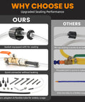 Comparison of 3L Manual Transmission Fluid Transfer Pump Kit With ATF Adapters showing gasket sealing and quick connectors vs others.