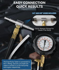 Front view of AUTOWN fuel pressure tester kit with 0-140 psi gauge, brass T-fitting, and 1/4" and 3/8" hoses