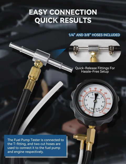 Front view of AUTOWN fuel pressure tester kit with 0-140 psi gauge, brass T-fitting, and 1/4" and 3/8" hoses