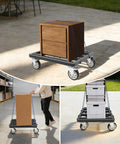 Heavy Duty Furniture Dolly With Smooth Rolling Locking Casters, Rock Solid Steel Folding Moving Platform, No Sweat Collapsible Hand Truck For Quick Sofa And Machine Moving, 1200 Lb Capacity, loaded with a wooden box.