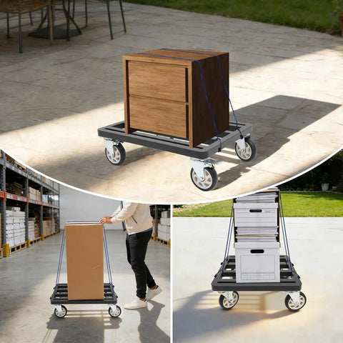 Heavy Duty Furniture Dolly With Smooth Rolling Locking Casters, Rock Solid Steel Folding Moving Platform, No Sweat Collapsible Hand Truck For Quick Sofa And Machine Moving, 1200 Lb Capacity, loaded with a wooden box.