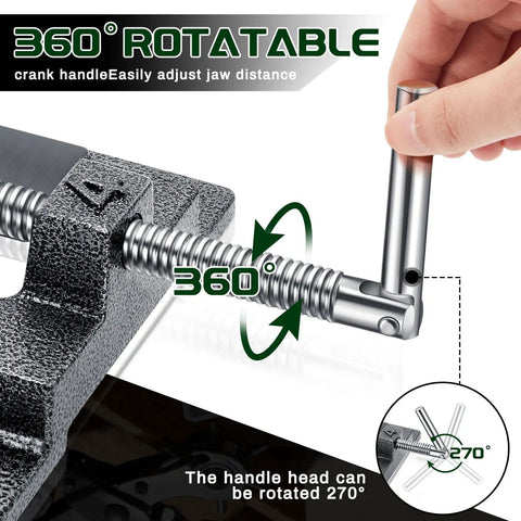 Heavy Duty 4 Inch Drill Press Vise Set Featuring Two Swappable Magnetic Gripping Pads And Rock Solid Machinist Bench Clamp with 360° rotating handle.