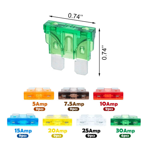 Snag This Straight Shooting 60 Piece Automotive Blade Fuse Kit With Sturdy Puller Tool For Cars RV Trucks Motorcycles Heavy Duty 12V 24V Assortment showing various color-coded fuses.