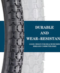 Close-up of tread pattern on two beach cruiser bike tires, showing durable rubber and wear-resistant design.