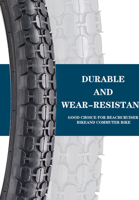Close-up of tread pattern on two beach cruiser bike tires, showing durable rubber and wear-resistant design.