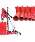 Straight Shooting Heavy Duty Workhorse Diamond Coring Drill With Tilting Rolling Base And Killer 12 Piece Wet Core Bit Set Pro Concrete Cutting Setup 110 Volt Dual Speed 2600 Watt Motor Crushes 12 Inch Cuts with red core bits.