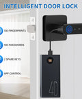 Smart Biometric Fingerprint Door Lock With App And Passcode, Five Unlocking Methods Including Fingerprint, Code, App Control, IC Cards, And Physical Keys, Keyless Entry Door Knob With Handle For Home Office Hotel Apartment shown installed on door.