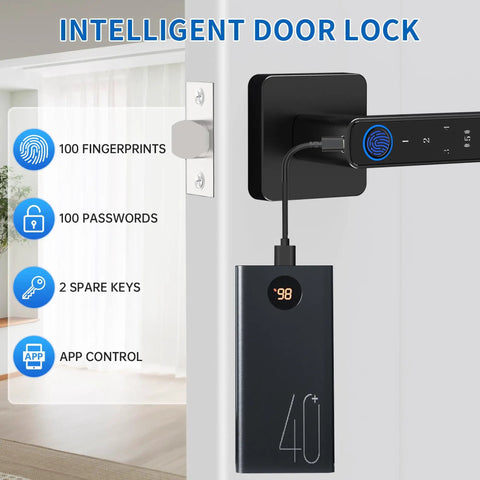 Smart Biometric Fingerprint Door Lock With App And Passcode, Five Unlocking Methods Including Fingerprint, Code, App Control, IC Cards, And Physical Keys, Keyless Entry Door Knob With Handle For Home Office Hotel Apartment shown installed on door.