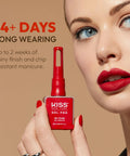 Person holding Kiss New York Gel Pro red nail polish, promoting 14+ days long-wearing, shiny, chip-resistant manicure benefits.