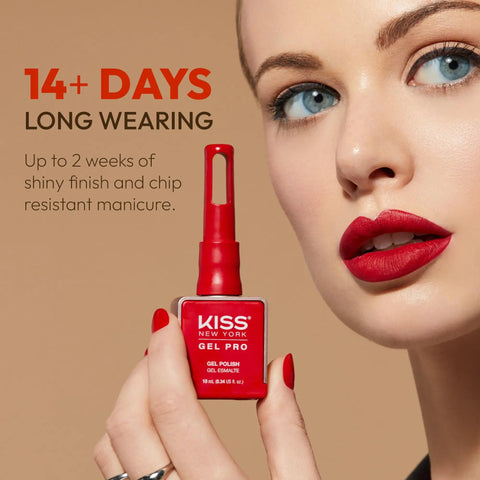 Person holding Kiss New York Gel Pro red nail polish, promoting 14+ days long-wearing, shiny, chip-resistant manicure benefits.