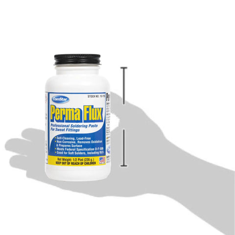 Self Cleaning Soldering Flux 8 Oz For Sweat Fittings No Fuss Non Corrosive Lead Free Paste in white jar held in hand