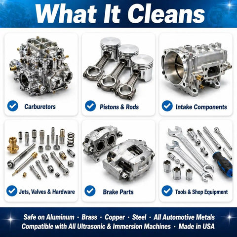 What It Cleans: Heavy Duty Ultrasonic Carburetor And Engine Parts Cleaner Concentrate 32 Oz Bottle shown with automotive parts.