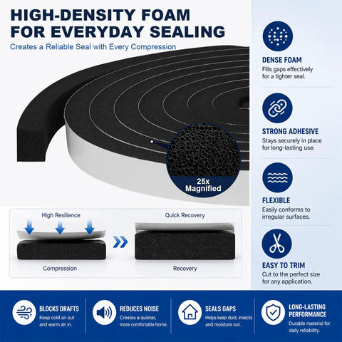 High-density foam insulation tape detail showing flexible, dense black material for strong adhesion, use in sealing doors and windows.