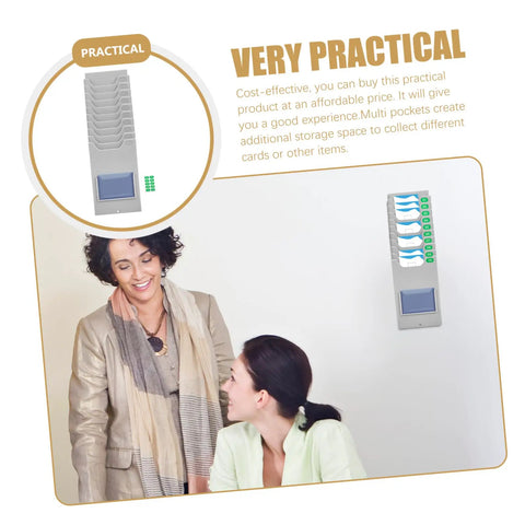 Hella Easy Wall Mounted Material Card Rack For Warehouse Inventory Display And Employee Attendance Tracking With Super Dope Multi Grid Card Slot Shelf For Slick Storage Setup shown in a practical use with two women discussing.