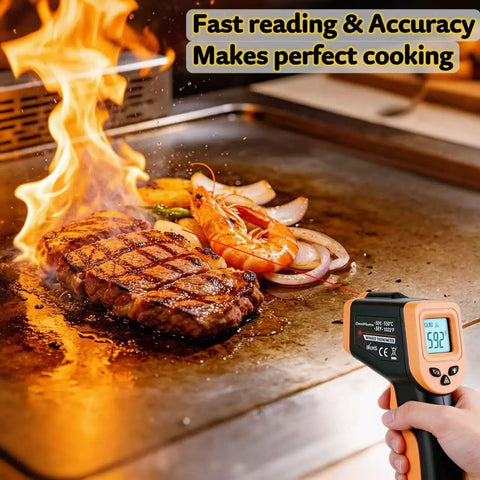 Infrared Temperature Gun For Cooking, Fast Non-Contact Thermometer With Wide -58 To 1022 F Range, Switchable Fahrenheit And Celsius, Ideal For Grilling, BBQ, Smoking, Candy Making And Roasting on steak and shrimp