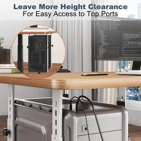 Transform Your Battle Station With This Rock Solid Under Desk PC Mount Bracket showcasing height clearance for easy access to ports.