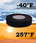 Heavy Duty Cloth Electrical Tape in black with temperature ratings, showcasing versatility for extreme weather in automotive and home use.