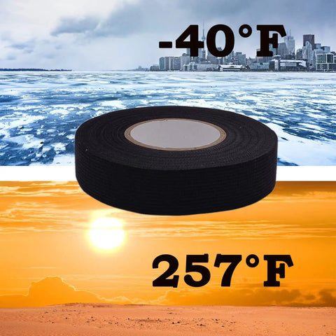 Heavy Duty Cloth Electrical Tape in black with temperature ratings, showcasing versatility for extreme weather in automotive and home use.