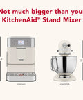 Fully Automatic Espresso Machine With Built In Grinder And Easy Access Bean Hopper, 15 One Touch Recipes For Bold Shots, Creamy Lattes, And Smooth Americano, Porcelain White Coffee Maker next to KitchenAid stand mixer for size comparison.