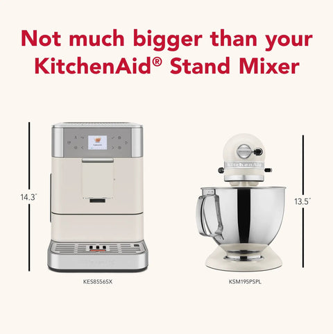 Fully Automatic Espresso Machine With Built In Grinder And Easy Access Bean Hopper, 15 One Touch Recipes For Bold Shots, Creamy Lattes, And Smooth Americano, Porcelain White Coffee Maker next to KitchenAid stand mixer for size comparison.