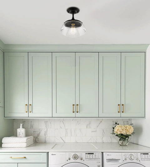 Laundry room with Summit 12 Inch Modern Industrial Farmhouse Semi Flush Mount Ceiling Light With Schoolhouse Glass Shade In Matte Black Finish.