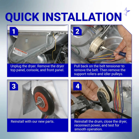 High Grade Dryer Repair Kit Featuring Smooth Idler Pulley Replacement And Tough Four Rib Drum Belt For 27 And 29 Inch Machines installation steps.