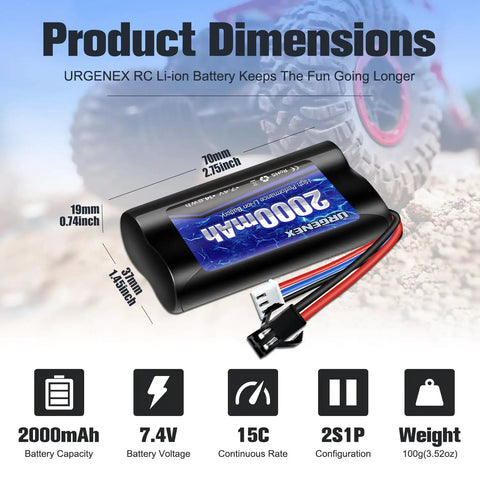 2S 7.4V 2000mAh Li Ion RC Battery With SM 2P Plug high capacity rechargeable dimensions and specs
