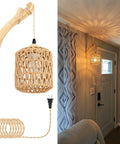 Rattan Wall Lamp With Plug In Cord Hand Woven Lantern Shade Farmhouse Wood Holder Boho Wall Sconce For Bedroom And Living Room Plug In Wall Light Cozy Rustic Decor