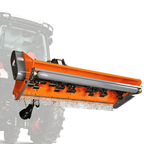 72 Inch Three Point PTO Flail Mower With Eight Inch Left Right Hydraulic Side Shift For 45 85 HP CAT 1 Tractors against a tractor