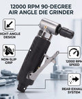Compact 90 Degree Right Angle Pneumatic Air Die Grinder Hit 12000 RPM features a textured non-slip grip and right-angle design.